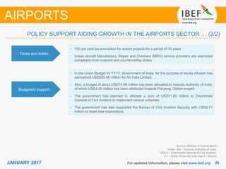 3030JANUARY 2017 For updated information, please visit www.ibef.org
POLICY SUPPORT AIDING GROWTH IN THE AIRPORTS SECTOR … (2/2)
Taxes and duties
• 100 per cent tax exemption for airport projects for a period of 10 years
• Indian aircraft Manufacture, Repair and Overhaul (MRO) service providers are exempted
completely from customs and countervailing duties
Budgetary support
• In the Union Budget for FY17, Government of India, for the purpose of equity infusion has
earmarked USD255.86 million for Air India Limited.
• Also, a budget of about USD14.98 million has been allocated to Airports Authority of India,
of which USD4.29 million has been attributed towards Pakyong, Sikkim project.
• The government has planned to allocate a sum of USD11.80 million to Directorate
General of Civil Aviation to implement various schemes.
• The government has also supported the Bureau of Civil Aviation Security with USD9.71
million to meet their expenditure.
Source: Ministry of Civil Aviation
Notes: AAI – Airports Authority of India,
DGCA – Directorate General of Civil Aviation,
FY – Indian Financial Year (April – March)
AIRPORTS
 