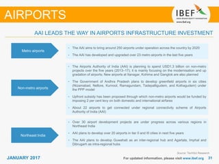 3131JANUARY 2017 For updated information, please visit www.ibef.org
AAI LEADS THE WAY IN AIRPORTS INFRASTRUCTURE INVESTMENT
Source: TechSci Research
AIRPORTS
Metro airports
• The AAI aims to bring around 250 airports under operation across the country by 2020
• The AAI has developed and upgraded over 23 metro airports in the last five years
Non-metro airports
• The Airports Authority of India (AAI) is planning to spend USD1.3 billion on non-metro
projects over the five years (2013–17); it is mainly focusing on the modernisation and up
gradation of airports; New airports at Itanagar, Kohima and Gangtok are also planned
• The Government of Andhra Pradesh plans to develop greenfield airports in six cities
(Nizamabad, Nellore, Kurnool, Ramagundam, Tadepalligudem, and Kothagudem) under
the PPP model
• Upfront subsidy has been proposed through which non-metro airports would be funded by
imposing 2 per cent levy on both domestic and international airfares
• About 22 airports to get connected under regional connectivity scheme of Airports
Authority of India (AAI)
Northeast India
• Over 30 airport development projects are under progress across various regions in
Northeast India
• AAI plans to develop over 20 airports in tier II and III cities in next five years
• The AAI plans to develop Guwahati as an inter-regional hub and Agartala, Imphal and
Dibrugarh as intra-regional hubs
 