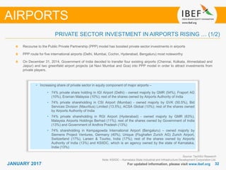 3232JANUARY 2017 For updated information, please visit www.ibef.org
PRIVATE SECTOR INVESTMENT IN AIRPORTS RISING … (1/2)
Recourse to the Public Private Partnership (PPP) model has boosted private sector investments in airports
PPP route for five international airports (Delhi, Mumbai, Cochin, Hyderabad, Bengaluru) most noteworthy
On December 31, 2014, Government of India decided to transfer four existing airports (Chennai, Kolkata, Ahmedabad and
Jaipur) and two greenfield airport projects (at Navi Mumbai and Goa) into PPP model in order to attract investments from
private players.
AIRPORTS
• Increasing share of private sector in equity component of major airports –
• 74% private share holding in IGI Airport (Delhi) - owned majorly by GMR (54%), Fraport AG
(10%), Eraman Malaysia (10%); rest of the shares owned by Airports Authority of India
• 74% private shareholding in CSI Airport (Mumbai) - owned majorly by GVK (50.5%), Bid
Services Division (Mauritius) Limited (13.5%), ACSA Global (10%); rest of the shares owned
by Airports Authority of India
• 74% private shareholding in RGI Airport (Hyderabad) - owned majorly by GMR (63%),
Malaysia Airports Holdings Berhad (11%); rest of the shares owned by Government of India
(13%) and Government of Andhra Pradesh (13%)
• 74% shareholding in Kempagowda International Airport (Bengaluru) – owned majorly by
Siemens Project Ventures, Germany (40%), Unique (Flughafen Zurich AG) Zurich Airport,
Switzerland (17%), Larsen & Tourbo, India (17%); rest of the shares owned by Airports
Authority of India (13%) and KSIIDC, which is an agency owned by the state of Karnataka,
India (13%)
Source: TechSci Research
Note: KSIIDC – Karnataka State Industrial and Infrastructure Development Corporation Ltd.
 