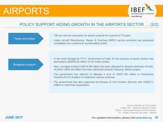 3030JUNE 2017 For updated information, please visit www.ibef.org
POLICY SUPPORT AIDING GROWTH IN THE AIRPORTS SECTOR … (2/2)
Taxes and duties
• 100 per cent tax exemption for airport projects for a period of 10 years
• Indian aircraft Manufacture, Repair & Overhaul (MRO) service providers are exempted
completely from customs & countervailing duties
Budgetary support
• In the Union Budget for FY17, Government of India, for the purpose of equity infusion has
earmarked USD255.86 million for Air India Limited.
• Also, a budget of about USD14.98 million has been allocated to Airports Authority of India,
of which USD4.29 million has been attributed towards Pakyong, Sikkim project.
• The government has planned to allocate a sum of USD11.80 million to Directorate
General of Civil Aviation to implement various schemes.
• The government has also supported the Bureau of Civil Aviation Security with USD9.71
million to meet their expenditure.
Source: Ministry of Civil Aviation
Notes: AAI – Airports Authority of India,
DGCA – Directorate General of Civil Aviation,
FY – Indian Financial Year (April – March)
AIRPORTS
 
