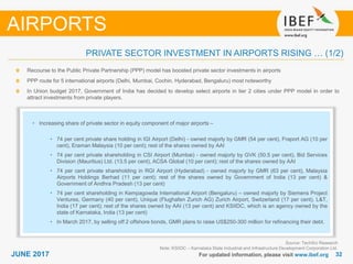 3232JUNE 2017 For updated information, please visit www.ibef.org
PRIVATE SECTOR INVESTMENT IN AIRPORTS RISING … (1/2)
Recourse to the Public Private Partnership (PPP) model has boosted private sector investments in airports
PPP route for 5 international airports (Delhi, Mumbai, Cochin, Hyderabad, Bengaluru) most noteworthy
In Union budget 2017, Government of India has decided to develop select airports in tier 2 cities under PPP model in order to
attract investments from private players.
AIRPORTS
• Increasing share of private sector in equity component of major airports –
• 74 per cent private share holding in IGI Airport (Delhi) - owned majorly by GMR (54 per cent), Fraport AG (10 per
cent), Eraman Malaysia (10 per cent); rest of the shares owned by AAI
• 74 per cent private shareholding in CSI Airport (Mumbai) - owned majorly by GVK (50.5 per cent), Bid Services
Division (Mauritius) Ltd. (13.5 per cent), ACSA Global (10 per cent); rest of the shares owned by AAI
• 74 per cent private shareholding in RGI Airport (Hyderabad) - owned majorly by GMR (63 per cent), Malaysia
Airports Holdings Berhad (11 per cent); rest of the shares owned by Government of India (13 per cent) &
Government of Andhra Pradesh (13 per cent)
• 74 per cent shareholding in Kempagowda International Airport (Bengaluru) – owned majorly by Siemens Project
Ventures, Germany (40 per cent), Unique (Flughafen Zurich AG) Zurich Airport, Switzerland (17 per cent), L&T,
India (17 per cent); rest of the shares owned by AAI (13 per cent) and KSIIDC, which is an agency owned by the
state of Karnataka, India (13 per cent)
• In March 2017, by selling off 2 offshore bonds, GMR plans to raise US$250-300 million for refinancing their debt.
Source: TechSci Research
Note: KSIIDC – Karnataka State Industrial and Infrastructure Development Corporation Ltd.
 
