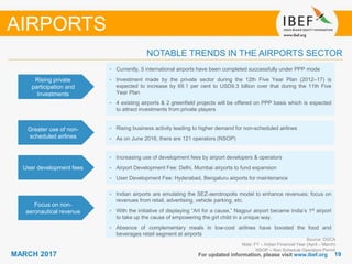 1919MARCH 2017 For updated information, please visit www.ibef.org
NOTABLE TRENDS IN THE AIRPORTS SECTOR
Rising private
participation and
Investments
• Currently, 5 international airports have been completed successfully under PPP mode
• Investment made by the private sector during the 12th Five Year Plan (2012–17) is
expected to increase by 69.1 per cent to USD9.3 billion over that during the 11th Five
Year Plan
• 4 existing airports & 2 greenfield projects will be offered on PPP basis which is expected
to attract investments from private players
Greater use of non-
scheduled airlines
• Rising business activity leading to higher demand for non-scheduled airlines
• As on June 2016, there are 121 operators (NSOP)
User development fees
Focus on non-
aeronautical revenue
• Indian airports are emulating the SEZ-aerotropolis model to enhance revenues; focus on
revenues from retail, advertising, vehicle parking, etc.
• With the initiative of displaying “Art for a cause,” Nagpur airport became India’s 1st airport
to take up the cause of empowering the girl child in a unique way.
• Absence of complementary meals in low-cost airlines have boosted the food and
beverages retail segment at airports
AIRPORTS
Source: DGCA
Note: FY – Indian Financial Year (April – March)
NSOP – Non Schedule Operators Permit
• Increasing use of development fees by airport developers & operators
• Airport Development Fee: Delhi, Mumbai airports to fund expansion
• User Development Fee: Hyderabad, Bengaluru airports for maintenance
 
