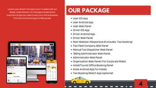 4
Launch your Airport Taxi App in just 1-2 weeks with our
Ready-made Solution. Our Package includes all the
important Scripts you need to start your Online Business,
from iOS and Android apps to Web panels. User iOS App
User Android App
User Web Panel
Driver iOS App
Driver Android App
Driver Web Panel
Main Website ( Responsive & Includes Taxi booking)
Taxi Fleet Company Web Panel
Manual Taxi Dispatcher Web Panel
Billing Administrator Web Panel
Administrator Web Panel
Organization Web Panel ( For Corporate Rides)
Hotel/Tourist Office Booking Panel
Kiosk Android App For Hotels
Taxi Booking iWatch App (optional)
OUR PACKAGE
 