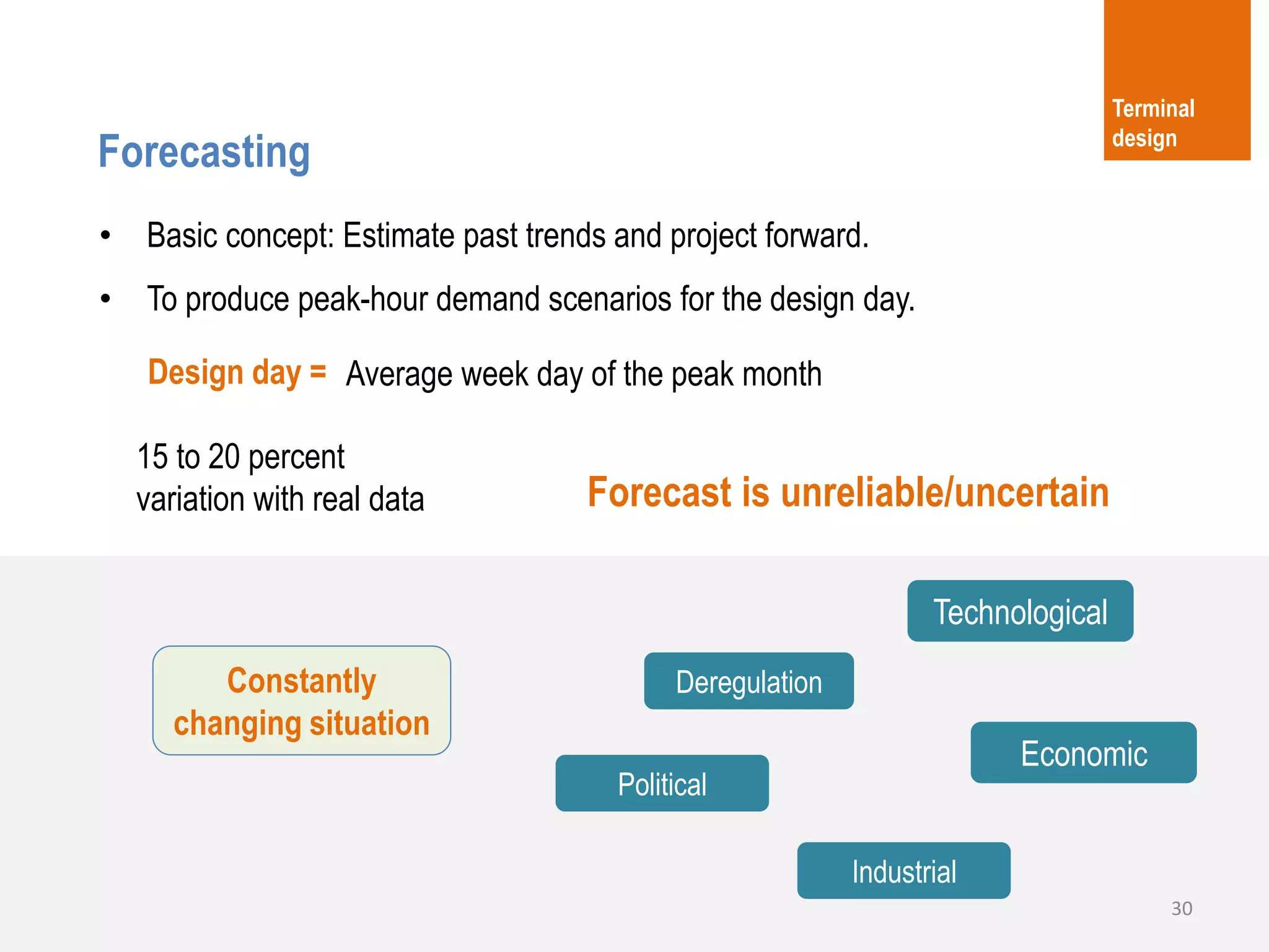 30
Forecasting
Terminal
design
• Basic concept: Estimate past trends and project forward.
• To produce peak-hour demand scenarios for the design day.
Design day = Average week day of the peak month
15 to 20 percent
variation with real data Forecast is unreliable/uncertain
Constantly
changing situation
Technological
Deregulation
Political
Economic
Industrial
 