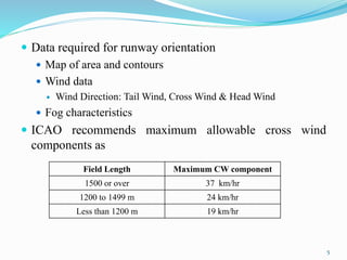  Data required for runway orientation
 Map of area and contours
 Wind data
 Wind Direction: Tail Wind, Cross Wind & Head Wind
 Fog characteristics
 ICAO recommends maximum allowable cross wind
components as
Field Length Maximum CW component
1500 or over 37 km/hr
1200 to 1499 m 24 km/hr
Less than 1200 m 19 km/hr
5
 