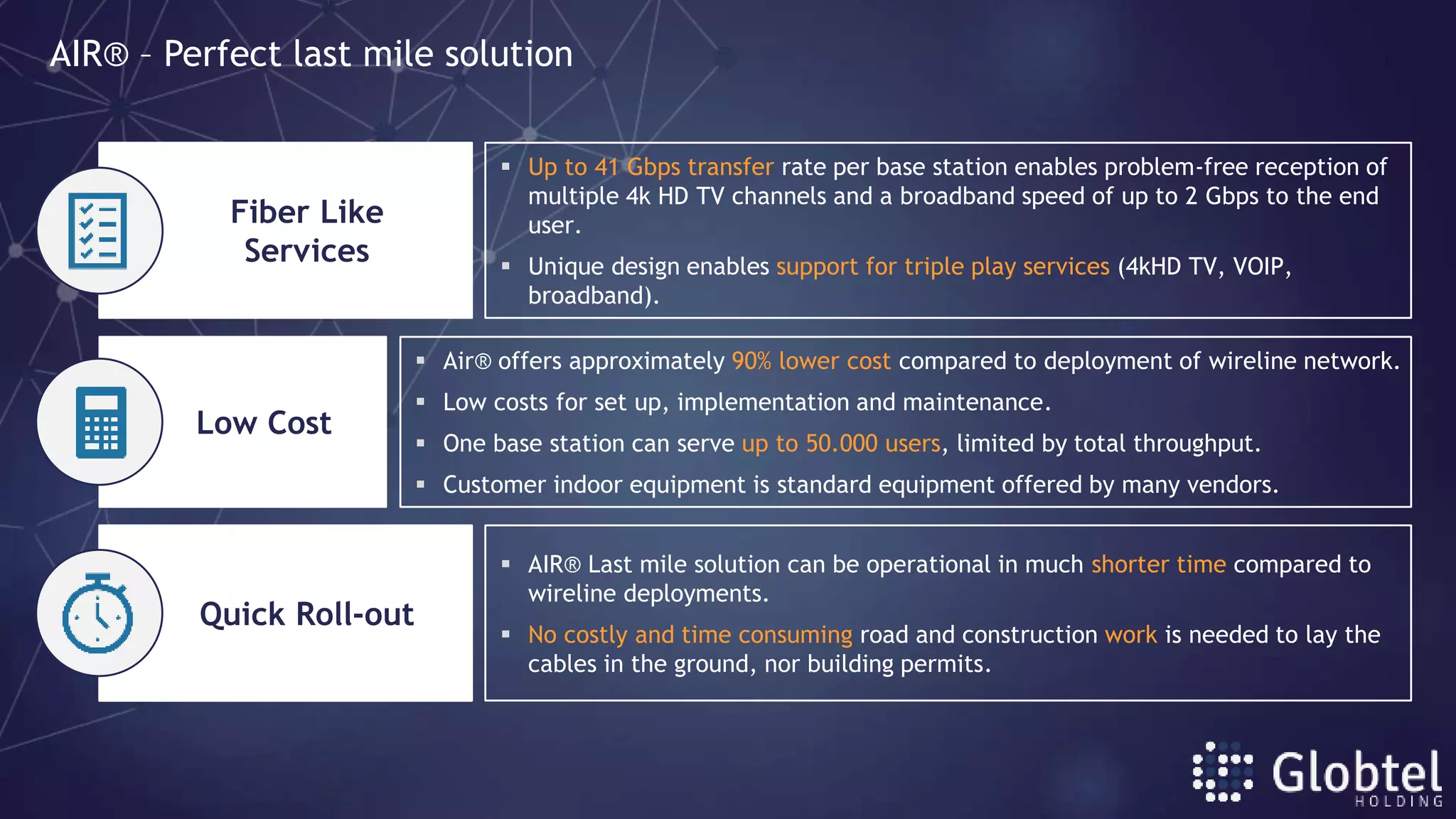  Up to 41 Gbps transfer rate per base station enables problem-free reception of
multiple 4k HD TV channels and a broadband speed of up to 2 Gbps to the end
user.
 Unique design enables support for triple play services (4kHD TV, VOIP,
broadband).
 Air® offers approximately 90% lower cost compared to deployment of wireline network.
 Low costs for set up, implementation and maintenance.
 One base station can serve up to 50.000 users, limited by total throughput.
 Customer indoor equipment is standard equipment offered by many vendors.
Fiber Like
Services
Quick Roll-out
Low Cost
 AIR® Last mile solution can be operational in much shorter time compared to
wireline deployments.
 No costly and time consuming road and construction work is needed to lay the
cables in the ground, nor building permits.
AIR® – Perfect last mile solution
 
