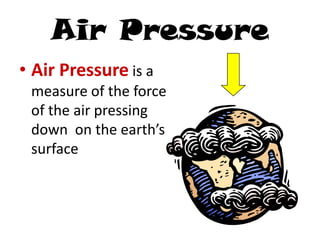 Air Pressure
• Air Pressure is a
 measure of the force
 of the air pressing
 down on the earth’s
 surface
 