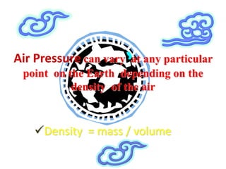 Air Pressure can vary at any particular
 point on the Earth depending on the
           density of the air


    Density = mass / volume
 