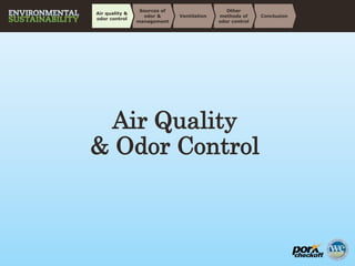 Air Quality
& Odor Control
Conclusion
Other
methods of
odor control
Ventilation
Sources of
odor &
management
Air quality &
odor control
 