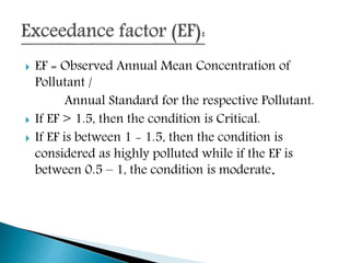 EF = Observed Annual Mean Concentration of
Pollutant /
Annual Standard for the respective Pollutant.
 If EF > 1.5, then the condition is Critical.
 If EF is between 1 - 1.5, then the condition is
considered as highly polluted while if the EF is
between 0.5 – 1, the condition is moderate.
 