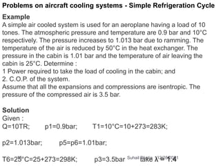 Problems on aircraft cooling systems - Simple Refrigeration Cycle
Example
A simple air cooled system is used for an aeroplane having a load of 10
tones. The atmospheric pressure and temperature are 0.9 bar and 10°C
respectively. The pressure increases to 1.013 bar due to ramming. The
temperature of the air is reduced by 50°C in the heat exchanger. The
pressure in the cabin is 1.01 bar and the temperature of air leaving the
cabin is 25°C. Determine :
1 Power required to take the load of cooling in the cabin; and
2. C.O.P. of the system.
Assume that all the expansions and compressions are isentropic. The
pressure of the compressed air is 3.5 bar.
Solution
Given :
Q=10TR; p1=0.9bar; T1=10°C=10+273=283K;
p2=1.013bar; p5=p6=1.01bar;
T6=25°C=25+273=298K; p3=3.5bar take λ = 1.4
12/28/2021
16 Suhail Bhatia
 