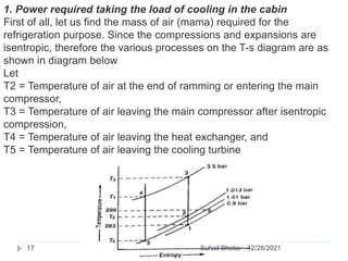 1. Power required taking the load of cooling in the cabin
First of all, let us find the mass of air (mama) required for the
refrigeration purpose. Since the compressions and expansions are
isentropic, therefore the various processes on the T-s diagram are as
shown in diagram below
Let
T2 = Temperature of air at the end of ramming or entering the main
compressor,
T3 = Temperature of air leaving the main compressor after isentropic
compression,
T4 = Temperature of air leaving the heat exchanger, and
T5 = Temperature of air leaving the cooling turbine
12/28/2021
17 Suhail Bhatia
 