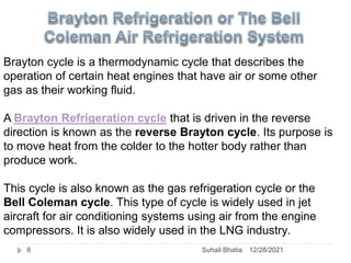Brayton cycle is a thermodynamic cycle that describes the
operation of certain heat engines that have air or some other
gas as their working fluid.
A Brayton Refrigeration cycle that is driven in the reverse
direction is known as the reverse Brayton cycle. Its purpose is
to move heat from the colder to the hotter body rather than
produce work.
This cycle is also known as the gas refrigeration cycle or the
Bell Coleman cycle. This type of cycle is widely used in jet
aircraft for air conditioning systems using air from the engine
compressors. It is also widely used in the LNG industry.
12/28/2021
6 Suhail Bhatia
 