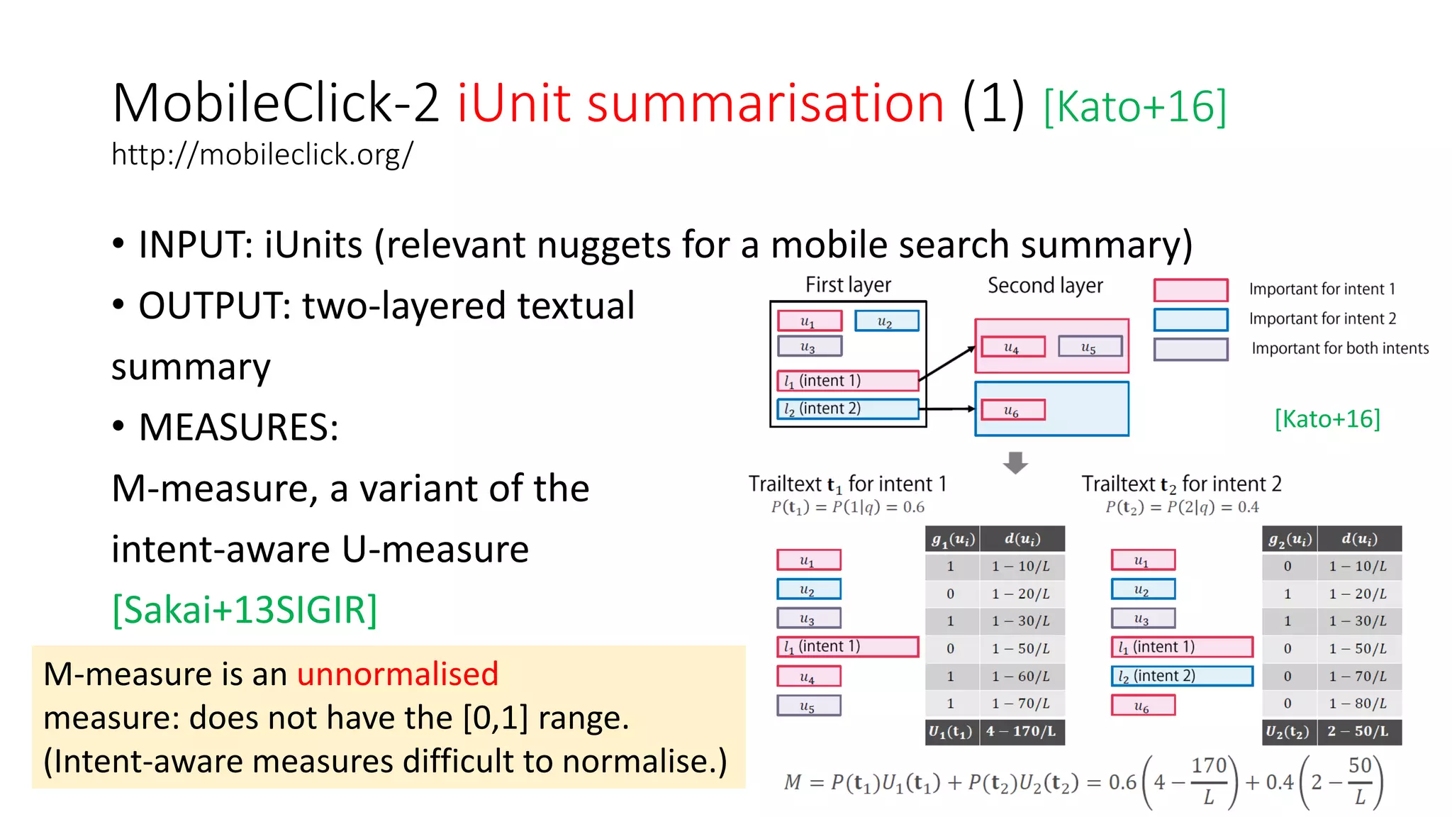 MobileClick-2 iUnit summarisation (1) [Kato+16]
http://mobileclick.org/
• INPUT: iUnits (relevant nuggets for a mobile search summary)
• OUTPUT: two-layered textual
summary
• MEASURES:
M-measure, a variant of the
intent-aware U-measure
[Sakai+13SIGIR]
M-measure is an unnormalised
measure: does not have the [0,1] range.
(Intent-aware measures difficult to normalise.)
[Kato+16]
 