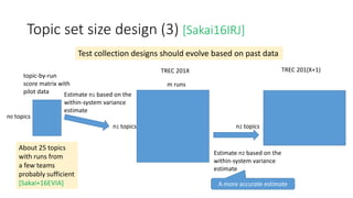 Topic set size design (3) [Sakai16IRJ]
Test collection designs should evolve based on past data
topic-by-run
score matrix with
pilot data
About 25 topics
with runs from
a few teams
probably sufficient
[Sakai+16EVIA]
n1 topics
m runs
Estimate n1 based on the
within-system variance
estimate
TREC 201X TREC 201(X+1)
n2 topics
n0 topics
Estimate n2 based on the
within-system variance
estimate
A more accurate estimate
 