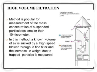 HIGH VOLUME FILTRATION
 Method is popular for
measurement of the mass
concentration of suspended
particulates smaller than
10micrometer.
 In this method, a known volume
of air is sucked by a high speed
blower through a fine filter and
the increase in weight due to
trapped particles is measured.
 