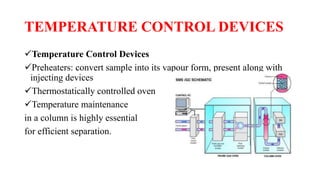 TEMPERATURE CONTROL DEVICES
Temperature Control Devices
Preheaters: convert sample into its vapour form, present along with
injecting devices
Thermostatically controlled oven
Temperature maintenance
in a column is highly essential
for efficient separation.
 