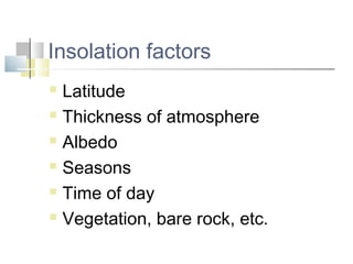 Insolation factors
 Latitude
 Thickness of atmosphere

 Albedo

 Seasons

 Time of day

 Vegetation, bare rock, etc.
 