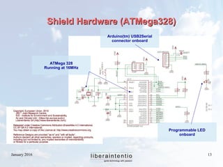 January 2016 13
Shield Hardware (ATMega328)Shield Hardware (ATMega328)
ATMega 328
Running at 16MHz
Arduino(tm) USB2Serial
...