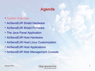 January 2016 2
AgendaAgenda

System Overview

AirSensEUR Shield Hardware

AirSensEUR Shield Firmware

The Java Panel A...