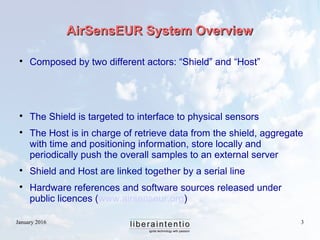 January 2016 3
AirSensEUR System OverviewAirSensEUR System Overview

Composed by two different actors: “Shield” and “Host”

The Shield is targeted to interface to physical sensors

The Host is in charge of retrieve data from the shield, aggregate
with time and positioning information, store locally and
periodically push the overall samples to an external server

Shield and Host are linked together by a serial line

Hardware references and software sources released under
public licences (www.airsenseur.org)
 