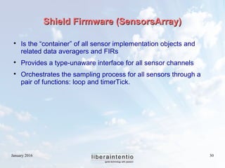 January 2016 30
Shield Firmware (SensorsArray)Shield Firmware (SensorsArray)

Is the “container” of all sensor implementation objects and
related data averagers and FIRs

Provides a type-unaware interface for all sensor channels

Orchestrates the sampling process for all sensors through a
pair of functions: loop and timerTick.
 