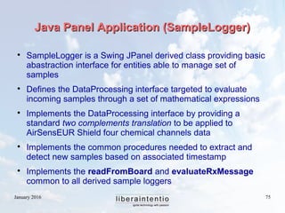 January 2016 75
Java Panel Application (SampleLogger)Java Panel Application (SampleLogger)

SampleLogger is a Swing JPane...