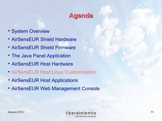 January 2016 91
AgendaAgenda

System Overview

AirSensEUR Shield Hardware

AirSensEUR Shield Firmware

The Java Panel ...