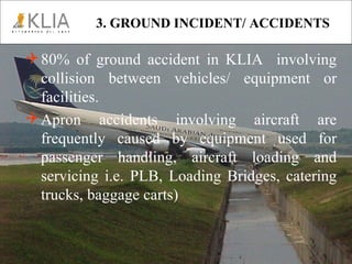 3. GROUND INCIDENT/ ACCIDENTS 80% of ground accident in KLIA  involving collision between vehicles/ equipment or facilities. Apron accidents involving aircraft are frequently caused by equipment used for passenger handling, aircraft loading and servicing i.e. PLB, Loading Bridges, catering trucks, baggage carts)  
