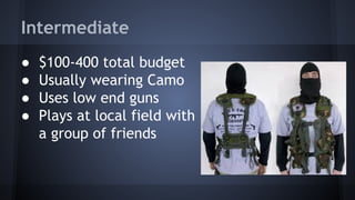 Intermediate
●
●
●
●

$100-400 total budget
Usually wearing Camo
Uses low end guns
Plays at local field with
a group of friends

 