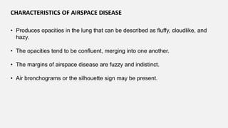 CHARACTERISTICS OF AIRSPACE DISEASE
• Produces opacities in the lung that can be described as fluffy, cloudlike, and
hazy.
• The opacities tend to be confluent, merging into one another.
• The margins of airspace disease are fuzzy and indistinct.
• Air bronchograms or the silhouette sign may be present.
 