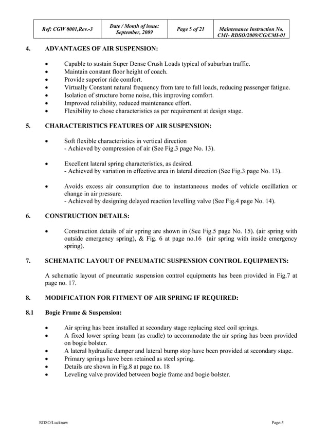 Maintenance instructions on Air Suspension RDSO 2009CGCMI01