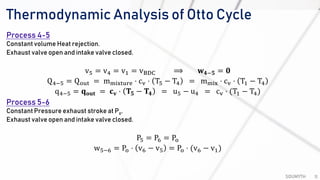Thermodynamic Analysis of Otto Cycle
SOUMYTH 11
Process 4-5
Constant volume Heat rejection.
Exhaust valve open and intake valve closed.
v5 = v4 = v1 = vBDC ⟹ 𝐰 𝟒−𝟓 = 𝟎
Q4−5 = Qout = mmixture ⋅ cv ⋅ T5 − T4 = mmix ⋅ cv ⋅ T1 − T4
q4−5 = 𝐪 𝐨𝐮𝐭 = 𝐜 𝐯 ⋅ 𝐓𝟓 − 𝐓𝟒 = u5 − u4 = cv ⋅ (T1 − T4)
Process 5-6
Constant Pressure exhaust stroke at Po.
Exhaust valve open and intake valve closed.
P5 = P6 = Po
w5−6 = Po ⋅ v6 − v5 = Po ⋅ (v6 − v1)
 