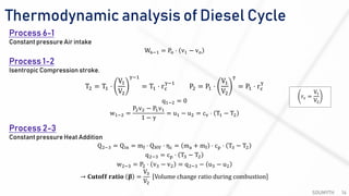 Thermodynamic analysis of Diesel Cycle
SOUMYTH 14
Process 6-1
Constant pressure Air intake
W6−1 = Po ⋅ v1 − vo
Process 1-2
Isentropic Compression stroke.
T2 = T1 ⋅
V1
V2
γ−1
= T1 ⋅ rc
γ−1
P2 = P1 ⋅
V1
V2
γ
= P1 ⋅ rc
γ
q1−2 = 0
w1−2 =
P2v2 − P1v1
1 − γ
= u1 − u2 = cv ⋅ T1 − T2
Process 2-3
Constant pressure Heat Addition
Q2−3 = Qin = mf ⋅ QHV ⋅ ηc = ma + mf ⋅ cp ⋅ T3 − T2
q2−3 = cp ⋅ T3 − T2
w2−3 = P2 ⋅ v3 − v2 = q2−3 − u3 − u2
→ 𝐂𝐮𝐭𝐨𝐟𝐟 𝐫𝐚𝐭𝐢𝐨 𝛃 =
V3
V2
Volume change ratio during combustion
rc =
V1
V2
 