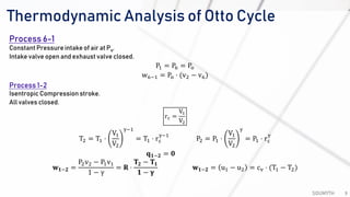Thermodynamic Analysis of Otto Cycle
SOUMYTH 9
Process 6-1
Constant Pressure intake of air at Po.
Intake valve open and exhaust valve closed.
P1 = P6 = Po
w6−1 = Po ⋅ (v2 − v6)
Process 1-2
Isentropic Compression stroke.
All valves closed.
rc =
V1
V2
T2 = T1 ⋅
V1
V2
γ−1
= T1 ⋅ rc
γ−1
P2 = P1 ⋅
V1
V2
γ
= P1 ⋅ rc
γ
𝐪 𝟏−𝟐 = 𝟎
𝐰 𝟏−𝟐 =
P2v2 − P1v1
1 − γ
= 𝐑 ⋅
𝐓𝟐 − 𝐓𝟏
𝟏 − 𝛄
𝐰 𝟏−𝟐 = u1 − u2 = cv ⋅ (T1 − T2)
 