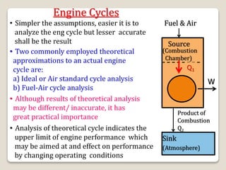 Engine Cycles
• Simpler the assumptions, easier it is to
analyze the eng cycle but lesser accurate
shall be the result
• Two commonly employed theoretical
approximations to an actual engine
cycle are:
a) Ideal or Air standard cycle analysis
b) Fuel-Air cycle analysis
• Although results of theoretical analysis
may be different/ inaccurate, it has
great practical importance
• Analysis of theoretical cycle indicates the
upper limit of engine performance which
may be aimed at and effect on performance
by changing operating conditions
Fuel & Air
Source
(Combustion
Chamber)
Q1
W
Product of
Combustion
Q2
Sink
(Atmosphere)
 
