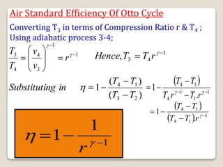 Air Standard Efficiency Of Otto Cycle
)
(
)
(
1
2
3
1
4
T
T
T
T
in
ng
Substituti





Converting T3 in terms of Compression Ratio r & T4 ;
Using adiabatic process 3-4;
1
1
3
4
4
3 










 

r
v
v
T
T 1
4
3
, 
 
r
T
T
Hence
 
1
1
1
.
4
1
4
.
1 




 

r
T
r
T
T
T
 
  1
1
4
1
4
.
1 



 
r
T
T
T
T
1
1
1 

 

r
 