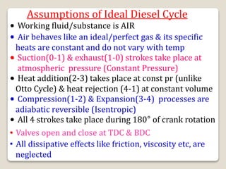 Assumptions of Ideal Diesel Cycle
• Working fluid/substance is AIR
• Air behaves like an ideal/perfect gas & its specific
heats are constant and do not vary with temp
• Heat addition(2-3) takes place at const pr (unlike
Otto Cycle) & heat rejection (4-1) at constant volume
• Suction(0-1) & exhaust(1-0) strokes take place at
atmospheric pressure (Constant Pressure)
• Compression(1-2) & Expansion(3-4) processes are
adiabatic reversible (Isentropic)
• All dissipative effects like friction, viscosity etc, are
neglected
• All 4 strokes take place during 180° of crank rotation
• Valves open and close at TDC & BDC
 