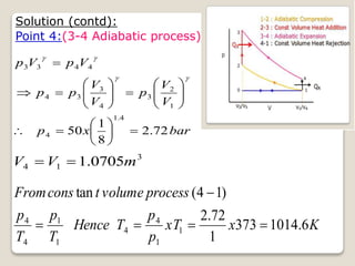 Solution (contd):
Point 4:(3-4 Adiabatic process)
bar
x
p
V
V
p
V
V
p
p
V
p
V
p
72
.
2
8
1
50
4
.
1
4
1
2
3
4
3
3
4
4
4
3
3

































K
x
xT
p
p
T
Hence
T
p
T
p
process
volume
t
cons
From
6
.
1014
373
1
72
.
2
)
1
4
(
tan
1
1
4
4
1
1
4
4





3
1
4 0705
.
1 m
V
V 

 