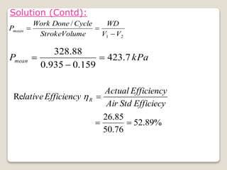 Solution (Contd):
2
1
/
V
V
WD
Volume
Stroke
Cycle
Done
Work
Pmean



kPa
Pmean 7
.
423
159
.
0
935
.
0
88
.
328



%
89
.
52
76
.
50
85
.
26
Re



Efficiecy
Std
Air
Efficiency
Actual
Efficiency
lative R

 