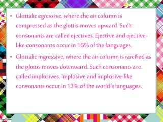 • Glottalicegressive, where the air columnis
compressed as the glottismoves upward. Such
consonantsare calledejectives. Ejectiveand ejective-
like consonantsoccur in 16% of the languages.
• Glottalicingressive, where the aircolumn is rarefiedas
the glottismoves downward.Such consonantsare
calledimplosives. Implosiveand implosive-like
consonantsoccur in 13% of the world's languages.
 