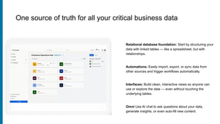 Relational database foundation: Start by structuring your
data with linked tables — like a spreadsheet, but with
relationships.
Automations: Easily import, export, or sync data from
other sources and trigger workflows automatically.
Interfaces: Build clean, interactive views so anyone can
use or explore the data — even without touching the
underlying tables.
Omni Use AI chat to ask questions about your data,
generate insights, or even auto-fill new content.
One source of truth for all your critical business data
 