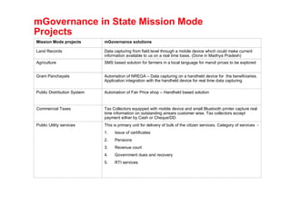 mGovernance in State Mission Mode
Projects
Mission Mode projects        mGovernance solutions

Land Records                 Data capturing from field level through a mobile device which could make current
                             information available to us on a real time basis. (Done in Madhya Pradesh)
Agriculture                  SMS based solution for farmers in a local language for mandi prices to be explored


Gram Panchayats              Automation of NREGA – Data capturing on a handheld device for the beneficiaries.
                             Application integration with the handheld device for real time data capturing

Public Distribution System   Automation of Fair Price shop – Handheld based solution


Commercial Taxes             Tax Collectors equipped with mobile device and small Bluetooth printer capture real
                             time information on outstanding arrears customer wise. Tax collectors accept
                             payment either by Cash or Cheque/DD.
Public Utility services      This is primary unit for delivery of bulk of the citizen services. Category of services -
                             1.   Issue of certificates
                             2.   Pensions
                             3.   Revenue court
                             4.   Government dues and recovery
                             5.   RTI services
 