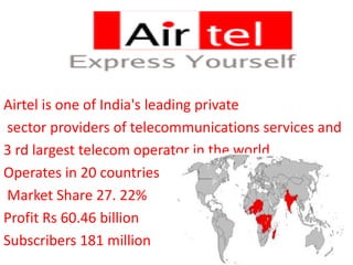 Airtel is one of India's leading private 
sector providers of telecommunications services and 
3 rd largest telecom operator in the world. 
Operates in 20 countries 
Market Share 27. 22% 
Profit Rs 60.46 billion 
Subscribers 181 million 
 