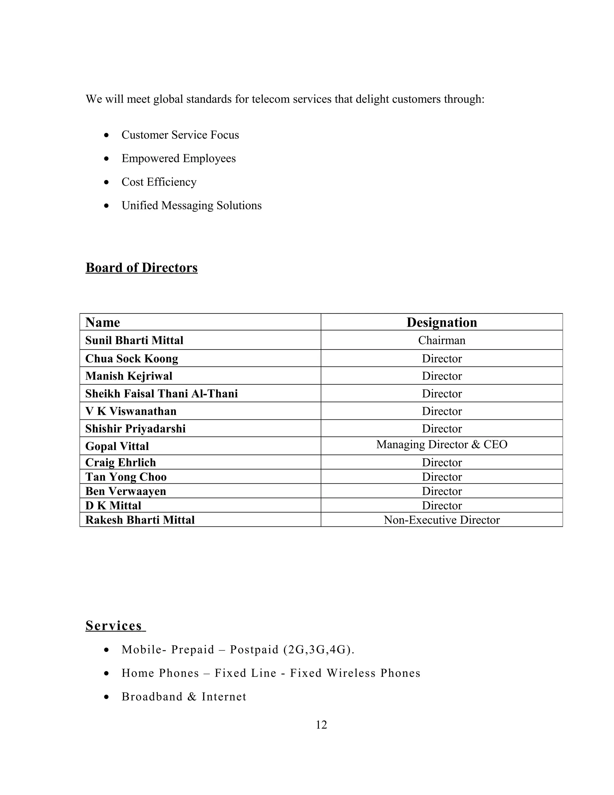 We will meet global standards for telecom services that delight customers through:
• Customer Service Focus
• Empowered Employees
• Cost Efficiency
• Unified Messaging Solutions
Board of Directors
Services
• Mobile- Prepaid – Postpaid (2G,3G,4G).
• Home Phones – Fixed Line - Fixed Wireless Phones
• Broadband & Internet
12
Name Designation
Sunil Bharti Mittal Chairman
Chua Sock Koong Director
Manish Kejriwal Director
Sheikh Faisal Thani Al-Thani Director
V K Viswanathan Director
Shishir Priyadarshi Director
Gopal Vittal Managing Director & CEO
Craig Ehrlich Director
Tan Yong Choo Director
Ben Verwaayen Director
D K Mittal Director
Rakesh Bharti Mittal Non-Executive Director
 
