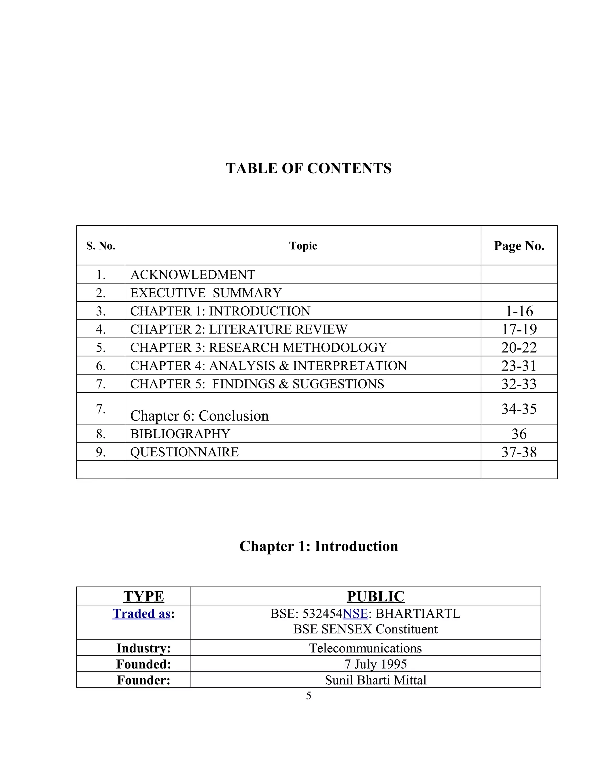 TABLE OF CONTENTS
S. No. Topic Page No.
1. ACKNOWLEDMENT
2. EXECUTIVE SUMMARY
3. CHAPTER 1: INTRODUCTION 1-16
4. CHAPTER 2: LITERATURE REVIEW 17-19
5. CHAPTER 3: RESEARCH METHODOLOGY 20-22
6. CHAPTER 4: ANALYSIS & INTERPRETATION 23-31
7. CHAPTER 5: FINDINGS & SUGGESTIONS 32-33
7.
Chapter 6: Conclusion 34-35
8. BIBLIOGRAPHY 36
9. QUESTIONNAIRE 37-38
Chapter 1: Introduction
TYPE PUBLIC
Traded as: BSE: 532454NSE: BHARTIARTL
BSE SENSEX Constituent
Industry: Telecommunications
Founded: 7 July 1995
Founder: Sunil Bharti Mittal
5
 