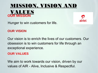 OUR VISION
OUR VALUES
Hunger to win customers for life.
Our vision is to enrich the lives of our customers. Our
obsession is to win customers for life through an
exceptional experience.
We aim to work towards our vision, driven by our
values of AIR - Alive, Inclusive & Respectful.
MISSION, VISION AND
VALUES
OUR MISSION
 