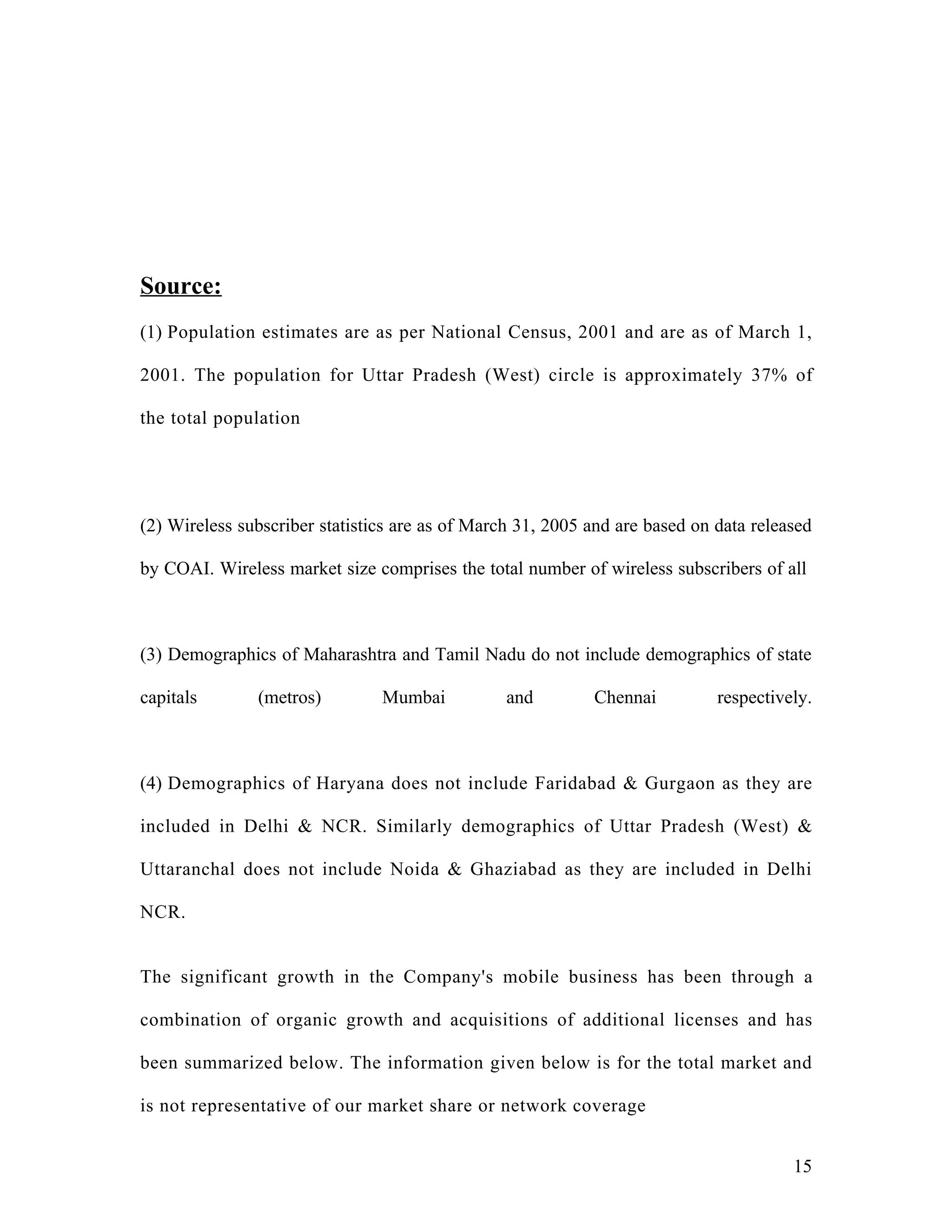 Source:
(1) Population estimates are as per National Census, 2001 and are as of March 1,

2001. The population for Uttar Pradesh (West) circle is approximately 37% of

the total population




(2) Wireless subscriber statistics are as of March 31, 2005 and are based on data released

by COAI. Wireless market size comprises the total number of wireless subscribers of all



(3) Demographics of Maharashtra and Tamil Nadu do not include demographics of state

capitals       (metros)         Mumbai           and        Chennai          respectively.



(4) Demographics of Haryana does not include Faridabad & Gurgaon as they are

included in Delhi & NCR. Similarly demographics of Uttar Pradesh (West) &

Uttaranchal does not include Noida & Ghaziabad as they are included in Delhi

NCR.


The significant growth in the Company's mobile business has been through a

combination of organic growth and acquisitions of additional licenses and has

been summarized below. The information given below is for the total market and

is not representative of our market share or network coverage


                                                                                       15
 