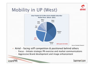 Mobility in UP (West)




                                                        Source: Boneless Research


 Airtel – facing stiff competition & positioned behind others
 ◦ Focus – Initiate strategic PR exercise and market communications
 ◦ Aggressive Brand development and image enhancement
 