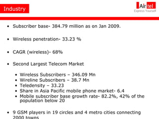 Subscriber base- 384.79 million as on Jan 2009. Wireless penetration- 33.23 % CAGR (wireless)- 68% Second Largest Telecom Market Wireless Subscribers – 346.09 Mn Wireline Subscribers – 38.7 Mn Teledensity – 33.23  Share in Asia Pacific mobile phone market- 6.4 Mobile subscriber base growth rate- 82.2%, 42% of the population below 20 9 GSM players in 19 circles and 4 metro cities connecting 2000 towns Industry 